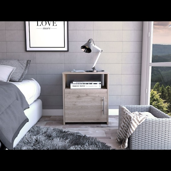 Nordico Nightstand, One Shelf, Single Door Cabinet, Metal Handle, Light Gray